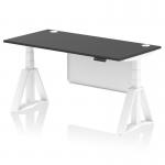 The photograph features a sleek and modern 1600 x 800mm black top desk with adjustable height and built-in cable ports. The white steel modesty panel adds a touch of elegance, while the piste foot offers sturdy support. The desk is perfect for any dynamic and productive office setting.