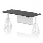 A sleek black top with white steel legs and a white steel modesty panel give this height-adjustable office desk a modern and versatile look. Its cable ports and piste foot add functionality, while its spacious 1800x800mm surface allows for a dynamic sit-stand work style.