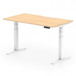 The dynamic sit stand and height adjustable desks air with a 1400 x 800mm scalloped edge maple top and white leg has a sleek and modern design. The adjustable height feature allows for versatile use, while the scalloped edge adds a unique touch. This office desk is both functional and stylish.