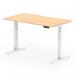 The dynamic sit stand and height adjustable desks air with a 1400 x 800mm scalloped edge maple top and white leg has a sleek and modern design. The adjustable height feature allows for versatile use, while the scalloped edge adds a unique touch. This office desk is both functional and stylish.