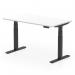 This picture features a dynamic sit-stand and height adjustable desk. The desk has a scalloped edge, with a white top and black legs. The dimensions are 1400 x 800mm, making it perfect for any office space. The desk allows for increased mobility and comfort while working.