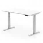 This image showcases a dynamic sit stand and height adjustable desk measuring 1400 x 800mm. It has a scalloped edge and a white top with silver legs. Perfect for any office setting, this desk allows for customizable and comfortable work surfaces.
