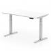 This image showcases a dynamic sit stand and height adjustable desk measuring 1400 x 800mm. It has a scalloped edge and a white top with silver legs. Perfect for any office setting, this desk allows for customizable and comfortable work surfaces.
