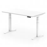 This photo features a sleek and modern white office desk with a scalloped edge, designed for dynamic sit stand and height adjustability. The spacious 1400 x 800mm surface is supported by a white leg, creating a versatile and ergonomic workspace solution.
