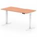 The image shows a modern dynamic sit-stand desk with a scalloped edge, measuring 1600 x 800mm. Its beech top is supported by sleek white legs. The desk is height adjustable, making it versatile and suitable for any office setting.