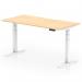 A photo of this dynamic sit stand and height adjustable desk shows a spacious 1600 x 800mm maple top with a scalloped edge, supported by sleek white legs. The desk is easily adjustable to suit any workspace needs and promotes a healthy and ergonomic work environment.