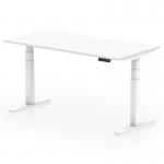 This picture shows a sleek and modern office desk with a scalloped edge, white top, and white legs. It is 1600 x 800mm in size and has the ability to adjust its height, making it perfect for a dynamic sit-stand workstation. The desk features a clean and minimalist design, incorporating both style and functionality.