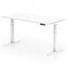 This picture shows a sleek and modern office desk with a scalloped edge, white top, and white legs. It is 1600 x 800mm in size and has the ability to adjust its height, making it perfect for a dynamic sit-stand workstation. The desk features a clean and minimalist design, incorporating both style and functionality.