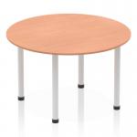 The dynamic round tables impulse 1200mm round table features a sleek beech top and silver post leg, creating a modern and stylish look. The round shape encourages smooth conversation and collaboration, making it suitable for a variety of settings.