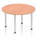 The dynamic round tables impulse 1200mm round table features a sleek beech top and silver post leg, creating a modern and stylish look. The round shape encourages smooth conversation and collaboration, making it suitable for a variety of settings.