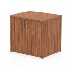 This picture features a sleek and modern desk high cupboard, part of the Impulse collection. Its rich walnut finish compliments any office setting, while its dynamic design offers ample storage space with its 600mm depth.