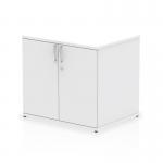 The photo features a sleek and modern white desk high cupboard from the Impulse line, measuring 600mm deep. It has a dynamic appearance with shelves and doors, perfect for office storage and organization.