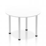 In the picture, a sleek and modern Dynamic Round Tables Impulse 1000mm Round Table can be seen, with a pristine white top and shiny silver post leg. The overall design exudes sophistication and style, making it a perfect addition to any office or meeting room.