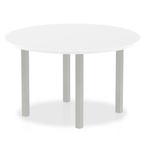 Click to view product details and reviews for Impulse 1200mm Round Table White Top Silver Post Leg I000200.