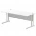 This picture features a sleek, white rectangular desk measuring 1800 x 800mm. It is supported by silver cantilever legs, giving it a dynamic and modern look. This versatile desk is perfect for any office space.