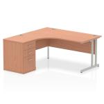 Impulse 1600mm Left Crescent Office Desk Beech Top Silver Cantilever Leg Workstation 600 Deep Desk High Pedestal I000537