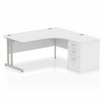 Impulse 1600mm Right Crescent Office Desk White Top Silver Cantilever Leg Workstation 600 Deep Desk High Pedestal I000550