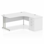 Impulse 1600mm Right Crescent Office Desk White Top Silver Cantilever Leg Workstation 600 Deep Desk High Pedestal I000550