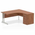 Impulse 1600mm Right Crescent Office Desk Walnut Top Silver Cantilever Leg Workstation 600 Deep Desk High Pedestal I000551