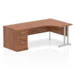 Impulse 1600mm Right Crescent Office Desk Walnut Top Silver Cantilever Leg Workstation 800 Deep Desk High Pedestal I000575
