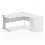 Impulse 1600mm Right Crescent Office Desk White Top Silver Cable Managed Leg Workstation 600 Deep Desk High Pedestal I000646