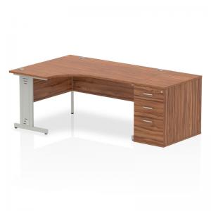 Impulse 1600mm Left Crescent Office Desk Walnut Top Silver Cable
