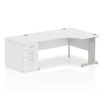 Impulse 1600mm Right Crescent Office Desk White Top Silver Cable Managed Leg Workstation 800 Deep Desk High Pedestal I000670