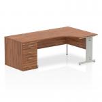 Impulse 1600mm Right Crescent Office Desk Walnut Top Silver Cable Managed Leg Workstation 800 Deep Desk High Pedestal I000671