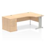 Impulse 1600mm Right Crescent Office Desk Maple Top Silver Cable Managed Leg Workstation 800 Deep Desk High Pedestal I000672