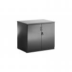 The photograph captures a sleek and modern workstation with high gloss black cupboards featuring a dynamic design. The tall cupboards provide plenty of storage space while adding a touch of elegance to the desk area. A stylish addition to any office space.