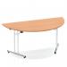 This high-quality photograph captures a 1600mm semi-circle folding table with dynamic folding capabilities. The attractive oak top adds a touch of elegance to any space. A perfect choice for practicality and style.