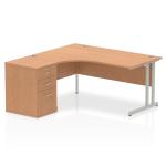 Impulse 1600mm Left Crescent Office Desk Oak Top Silver Cantilever Leg Workstation 600 Deep Desk High Pedestal I000868