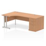 Impulse 1600mm Left Crescent Office Desk Oak Top Silver Cantilever Leg Workstation 800 Deep Desk High Pedestal I000874