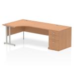 Impulse 1800mm Left Crescent Office Desk Oak Top Silver Cantilever Leg Workstation 800 Deep Desk High Pedestal I000875