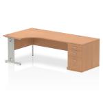 Impulse 1800mm Left Crescent Office Desk Oak Top Silver Cable Managed Leg Workstation 800 Deep Desk High Pedestal I000900