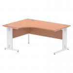 This image showcases a dynamic corner desk with a left crescent design. It features a beech top and white cable managed leg for a sleek look. Perfect for any office space in need of added functionality.