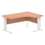 The photo showcases a sleek and modern Dynamic Corner Desk in the Impulse style. The 1600mm desk features a right crescent shape with a glossy beech top and white cable managed legs. The design is perfect for any office space looking for a stylish and functional addition.