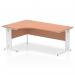 This photograph features a sleek Impulse 1800mm left curved office desk with a beech top and white cable managed leg. The dynamic corner design creates a modern and functional workspace.