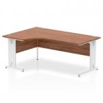 This dynamic corner desk features a 1800mm right crescent shape, with a walnut top and white cable managed leg. The design allows for efficient use of space and organization.