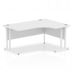 This photo shows a sleek and modern white corner desk with a curved right side. The desk is 1600mm long and features a white cantilever leg for support. The desk is part of the Impulse office furniture collection.