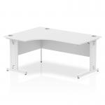 The dynamic corner desk features a modern design with a sleek white top and cable managed legs. Its left crescent shape adds a unique touch, making it perfect for any office space.
