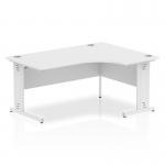 The photo shows a sleek and modern Impulse Dynamic Corner Desk with a curved 1600mm right crescent shape. It features a white top with cable management and white legs for a clean and organized workspace.