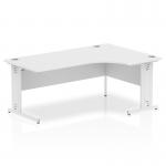The picture showcases a modern and sleek Dynamic Right Hand Desks Impulse 1800mm Right Crescent Office Desk adorned in white. The desk features a white top and cable managed legs, providing a clean and organized workspace.