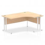 The photo captures a sleek and modern Dynamic Corner Desk, with a 1600mm Right Crescent design and a Maple top. The White Cantilever Leg adds an elegant touch, making this desk perfect for any contemporary office space.