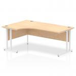 This photograph captures the sleek and modern design of the Dynamic Corner Desks Impulse 1800mm. The left crescent shape and maple top blend seamlessly with the white cantilever legs, creating a stylish and functional office desk.