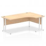 This picture shows a sleek and modern Dynamic Corner Desk in Impulse 1800mm size. The desk has a right crescent shape with a maple top and white cantilever legs. Its functional design is perfect for any office space.