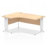 This image shows a spacious and modern office setup featuring a dynamic corner desk. The desk has a maple top and is supported by white cable managed legs. A left crescent shape allows for comfortable and efficient work.