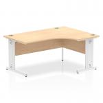 This photo features a modern office workspace with a sleek 1600mm crescent desk in maple top and white cable managed legs from Dynamic Corner Desks Impulse. The spacious desk offers ample room for productivity and organization, and the ergonomic design promotes a comfortable and efficient work environment.