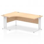 This photograph captures the sleek and modern design of the Dynamic Corner Desks Impulse 1800mm Left Crescent Office Desk. The maple top contrasts beautifully with the white cable managed leg, creating a stylish and functional workspace.