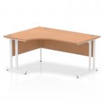 This image features a modern, spacious left crescent office desk with an oak top and white cantilever legs. The dynamic design of this 1600mm desk is perfect for any contemporary office setting.